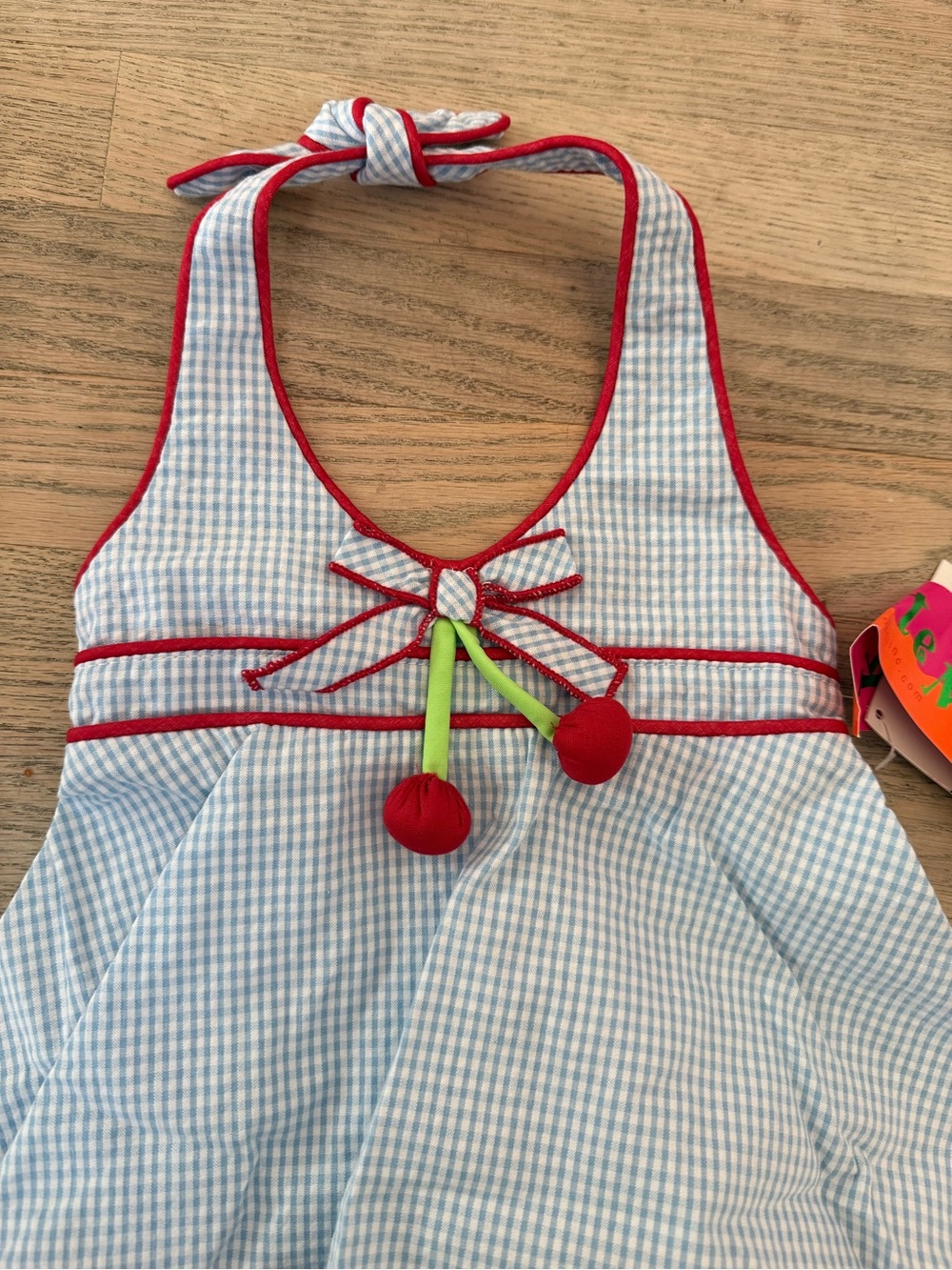 Kate Mack Blue Gingham Girls Matching Set with Cherry Trim - Picture 2 of 3